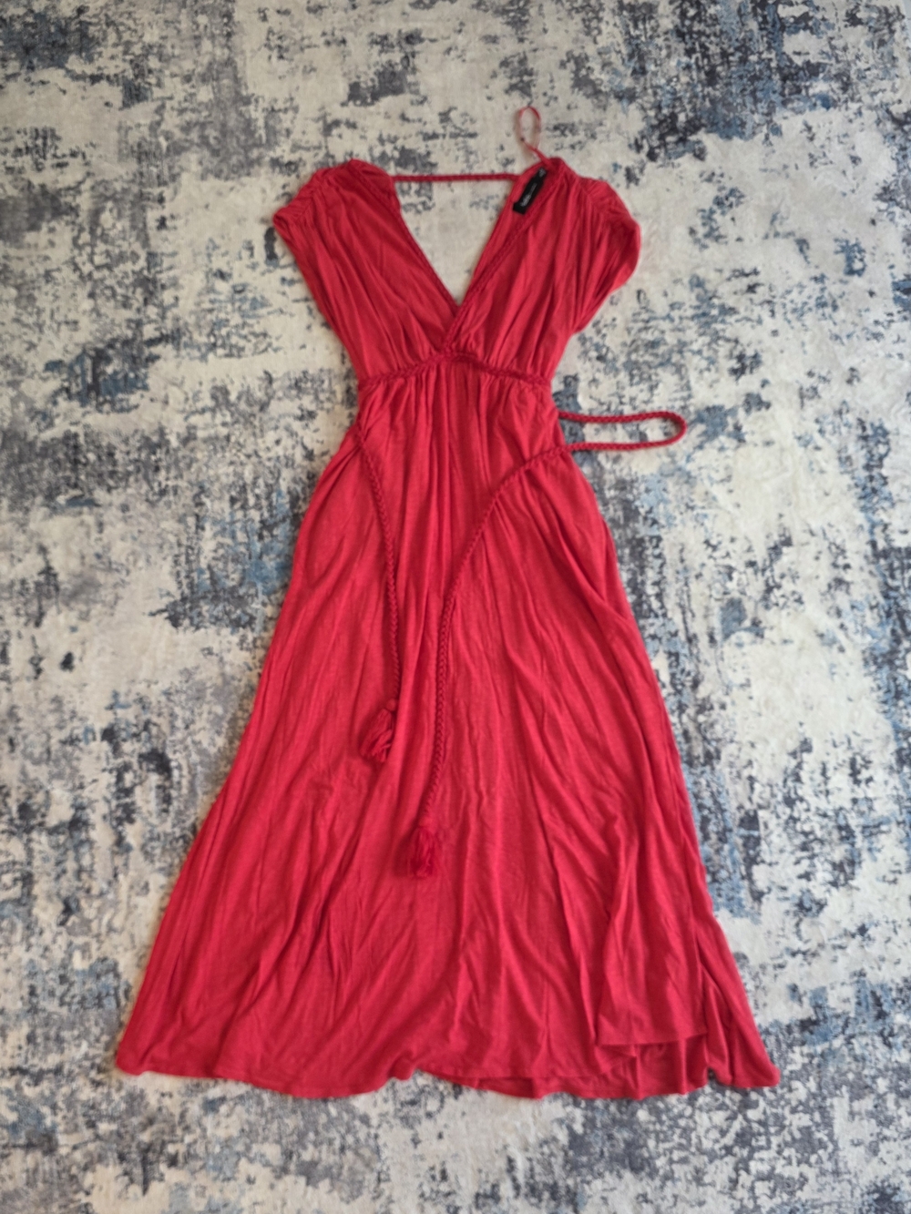 Women’s Red V-Neck Maxi Dress with Waist Tie